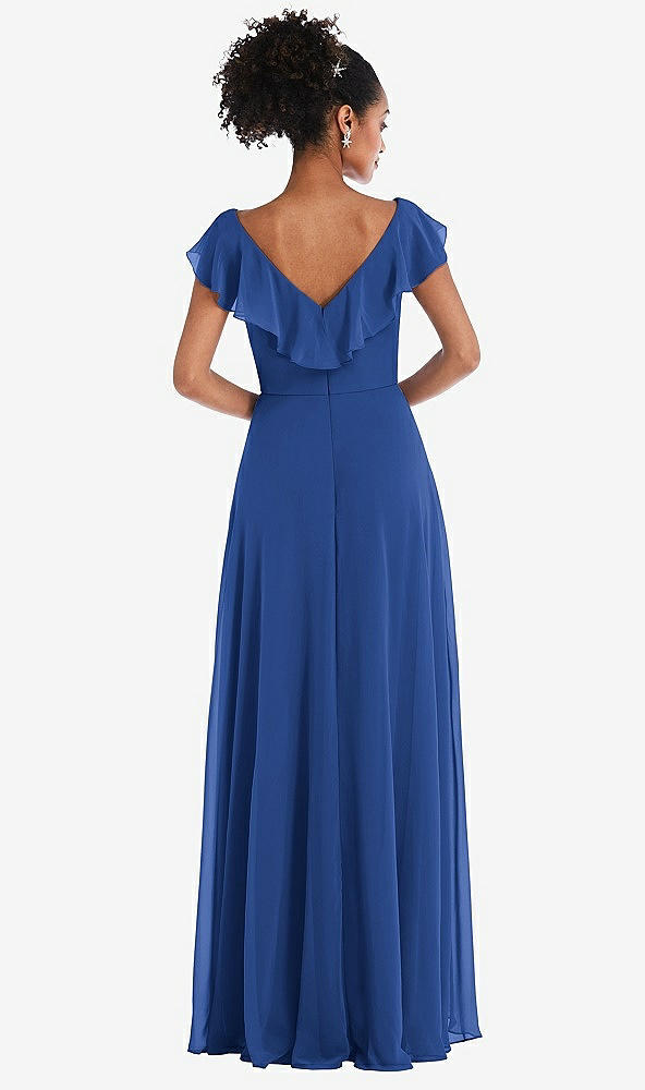 Back View - Classic Blue Ruffle-Trimmed V-Back Chiffon Maxi Dress