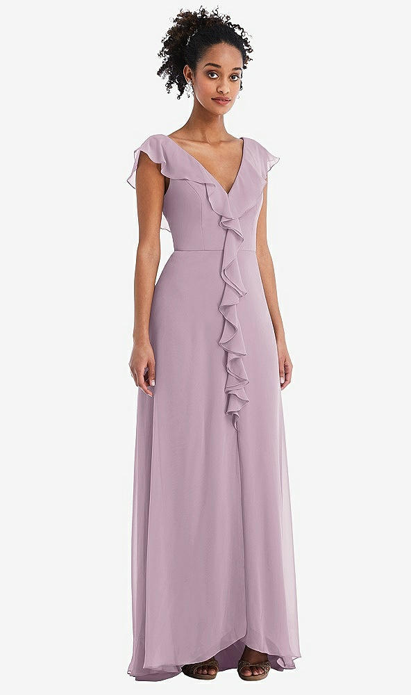 Front View - Suede Rose Ruffle-Trimmed V-Back Chiffon Maxi Dress