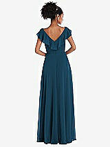 Rear View Thumbnail - Atlantic Blue Ruffle-Trimmed V-Back Chiffon Maxi Dress
