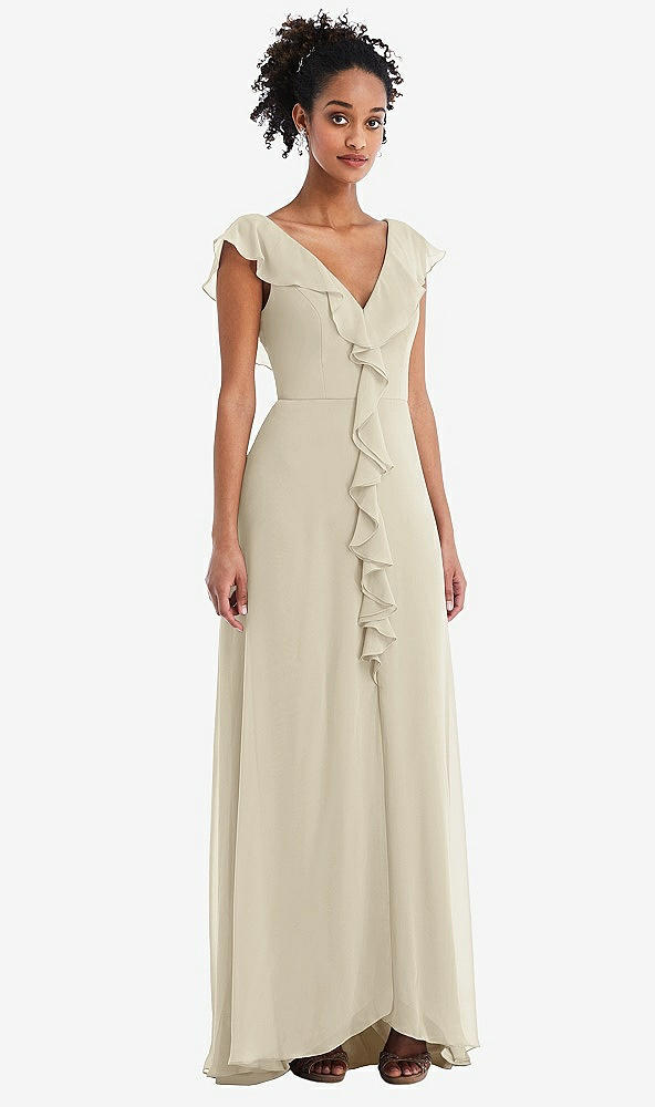 Front View - Champagne Ruffle-Trimmed V-Back Chiffon Maxi Dress