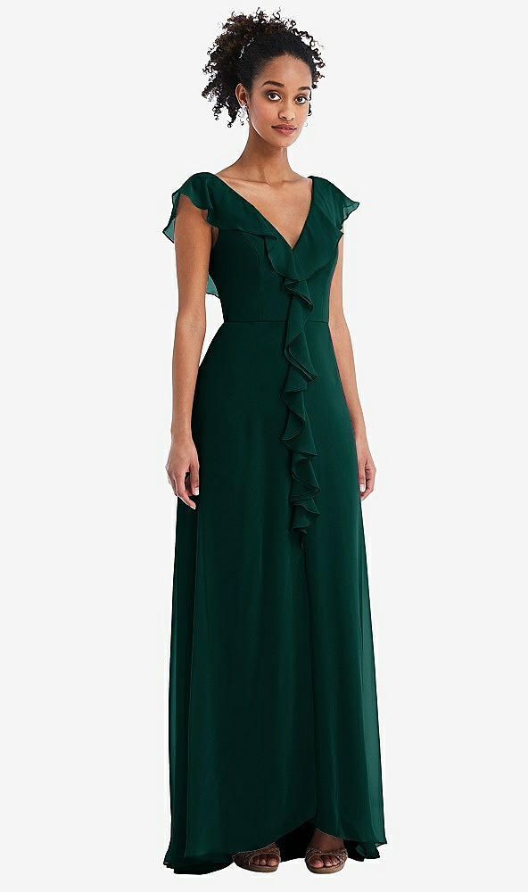 Front View - Evergreen Ruffle-Trimmed V-Back Chiffon Maxi Dress