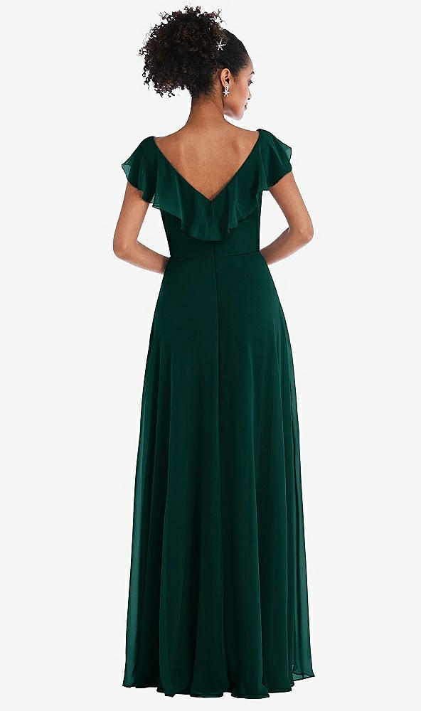 Back View - Evergreen Ruffle-Trimmed V-Back Chiffon Maxi Dress