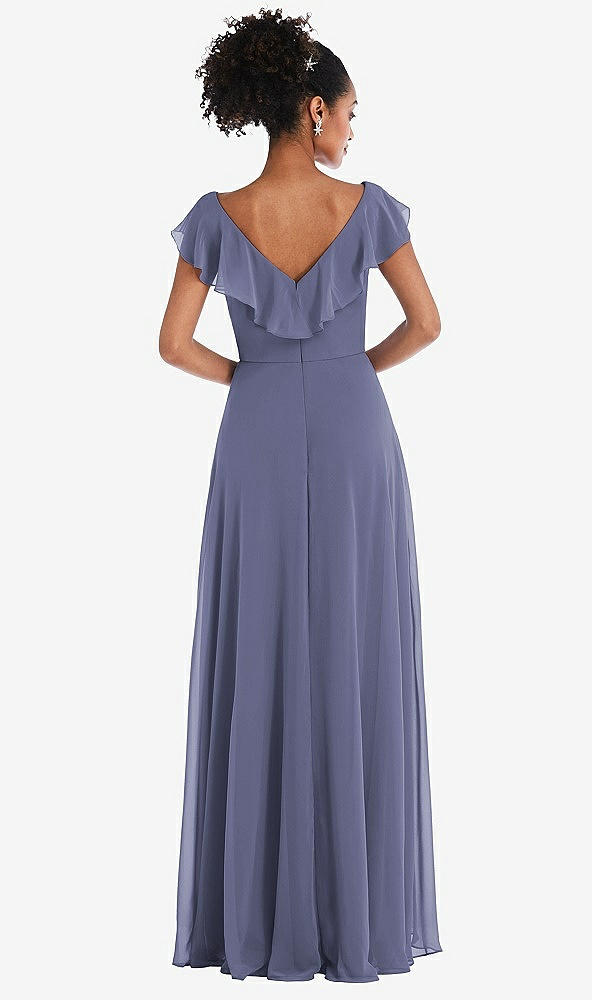 Back View - French Blue Ruffle-Trimmed V-Back Chiffon Maxi Dress