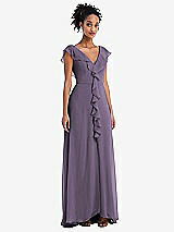 Front View Thumbnail - Lavender Ruffle-Trimmed V-Back Chiffon Maxi Dress