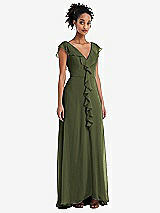 Front View Thumbnail - Olive Green Ruffle-Trimmed V-Back Chiffon Maxi Dress