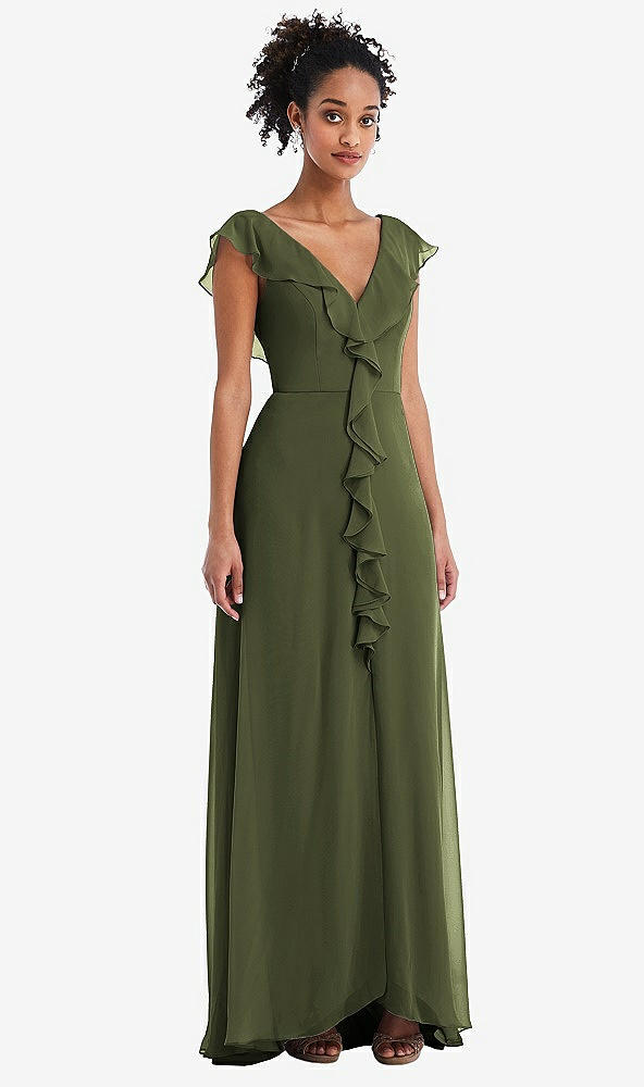Front View - Olive Green Ruffle-Trimmed V-Back Chiffon Maxi Dress