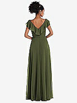 Rear View Thumbnail - Olive Green Ruffle-Trimmed V-Back Chiffon Maxi Dress