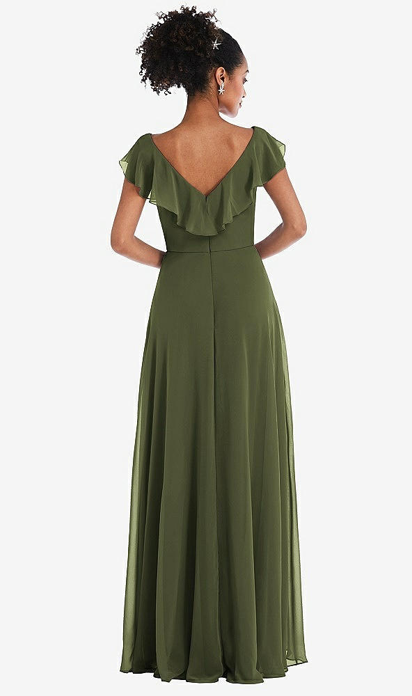 Back View - Olive Green Ruffle-Trimmed V-Back Chiffon Maxi Dress