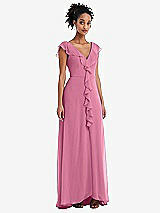 Front View Thumbnail - Orchid Pink Ruffle-Trimmed V-Back Chiffon Maxi Dress