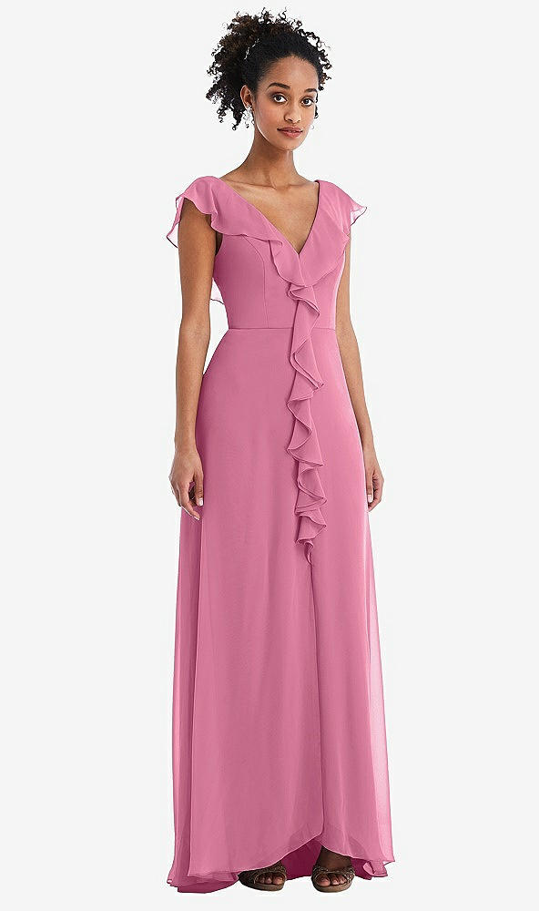 Front View - Orchid Pink Ruffle-Trimmed V-Back Chiffon Maxi Dress