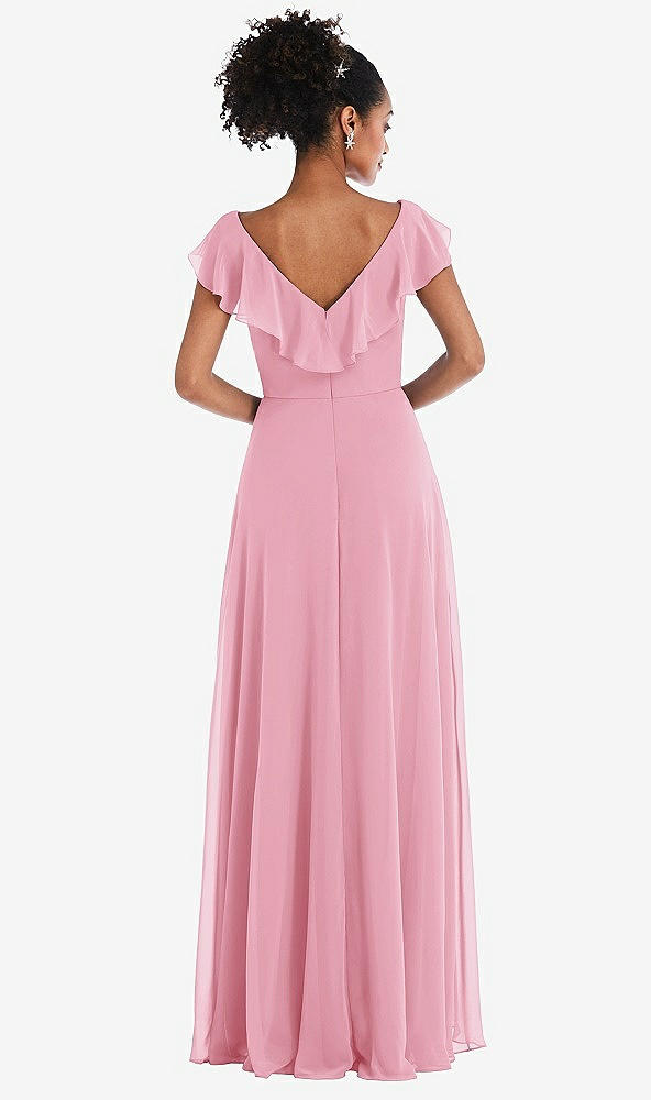 Back View - Peony Pink Ruffle-Trimmed V-Back Chiffon Maxi Dress