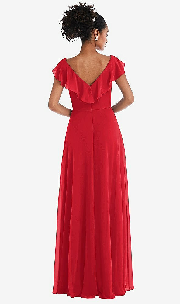 Back View - Parisian Red Ruffle-Trimmed V-Back Chiffon Maxi Dress