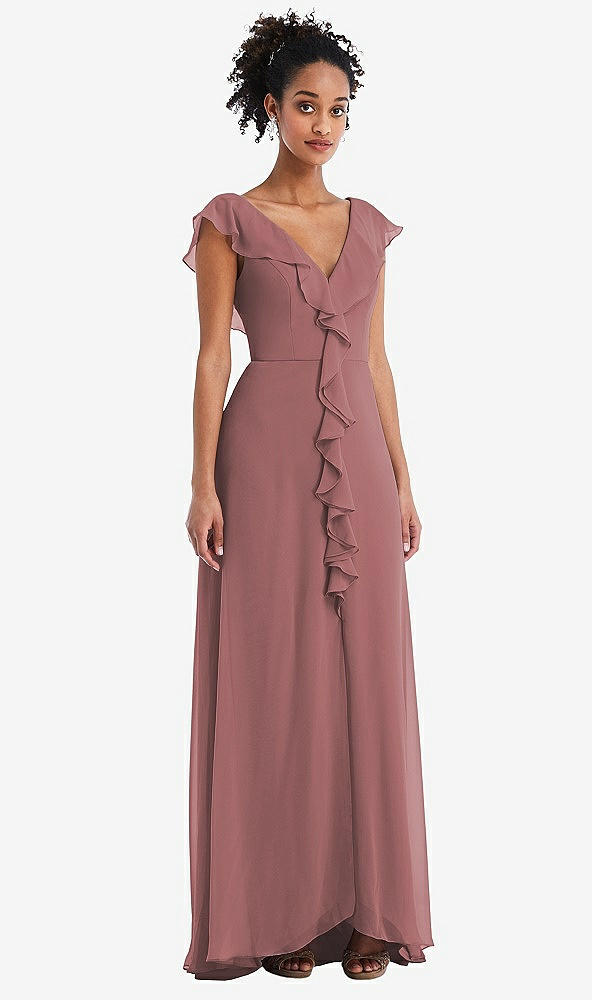 Front View - Rosewood Ruffle-Trimmed V-Back Chiffon Maxi Dress