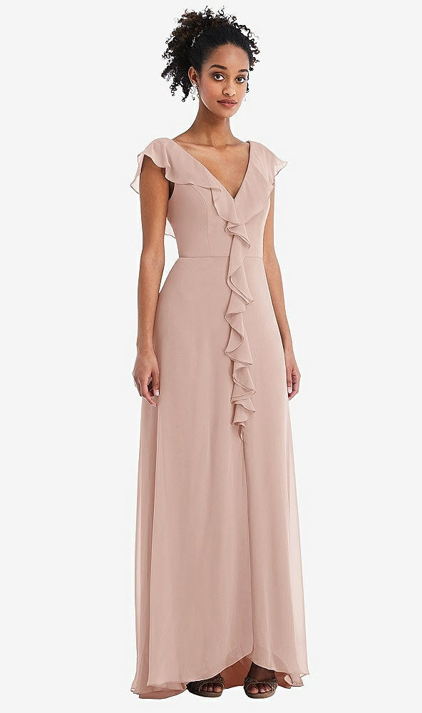 Front View - Toasted Sugar Ruffle-Trimmed V-Back Chiffon Maxi Dress