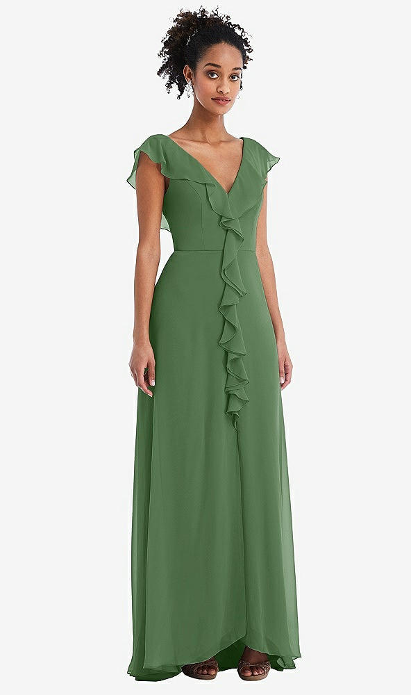 Front View - Vineyard Green Ruffle-Trimmed V-Back Chiffon Maxi Dress