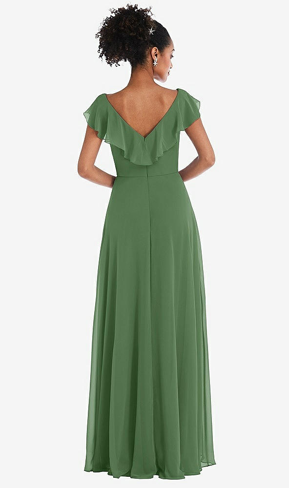Back View - Vineyard Green Ruffle-Trimmed V-Back Chiffon Maxi Dress