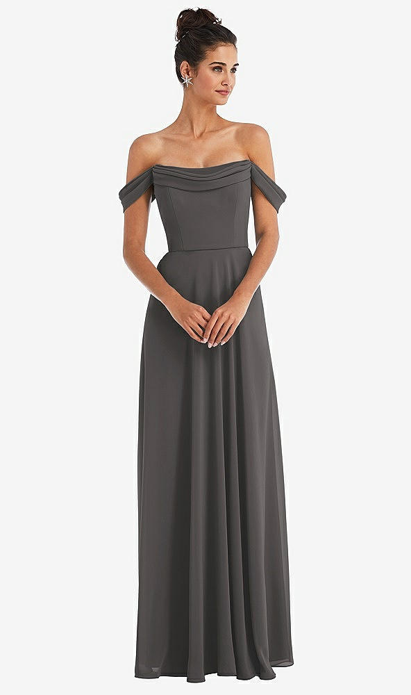 Front View - Caviar Gray Off-the-Shoulder Draped Neckline Maxi Dress