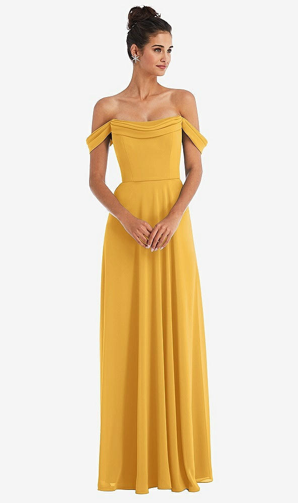 Front View - NYC Yellow Off-the-Shoulder Draped Neckline Maxi Dress