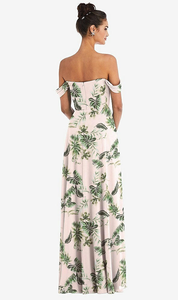 Back View - Palm Beach Print Off-the-Shoulder Draped Neckline Maxi Dress