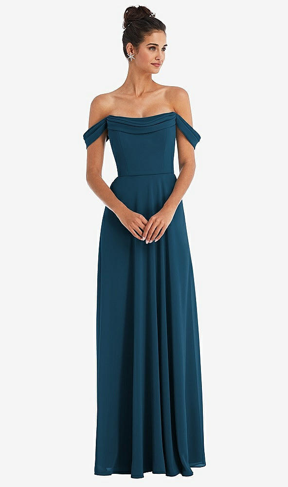 Front View - Atlantic Blue Off-the-Shoulder Draped Neckline Maxi Dress