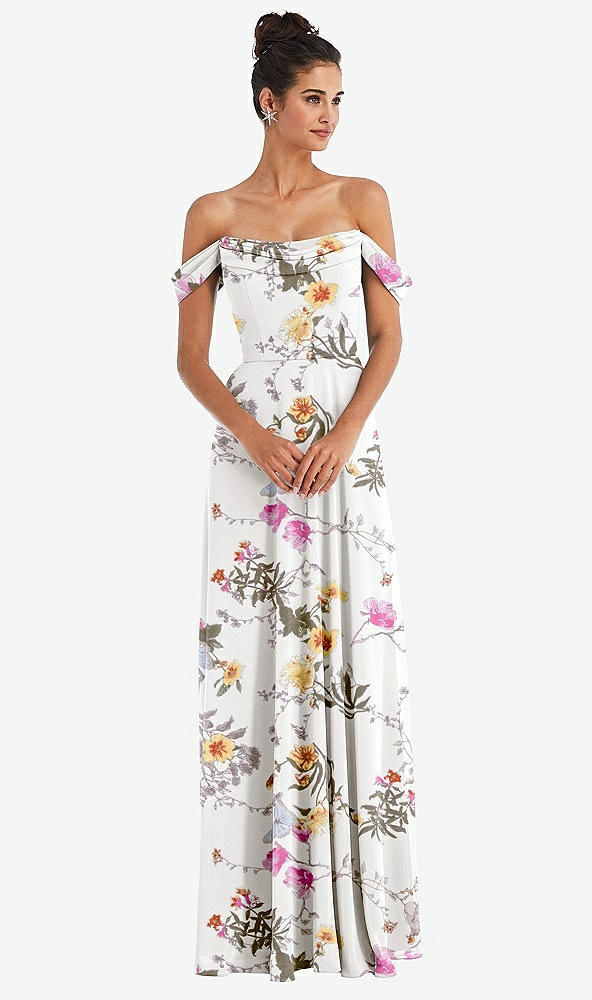 Front View - Butterfly Botanica Ivory Off-the-Shoulder Draped Neckline Maxi Dress