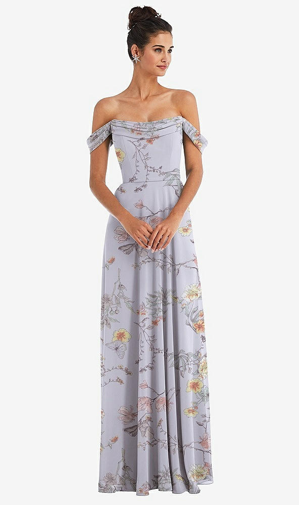 Front View - Butterfly Botanica Silver Dove Off-the-Shoulder Draped Neckline Maxi Dress