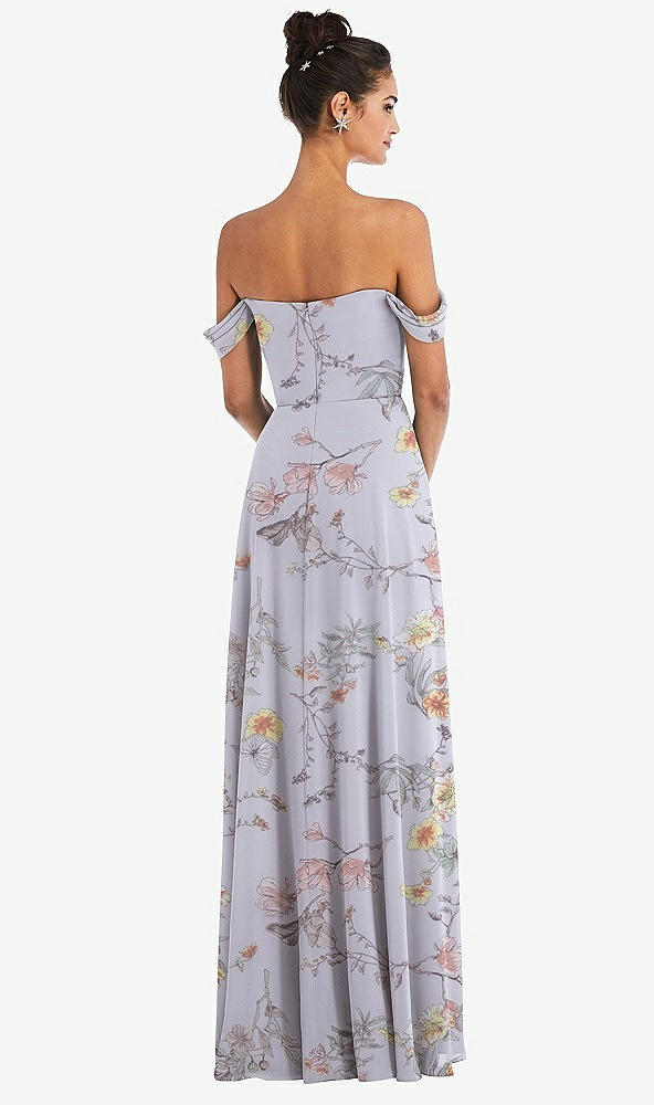 Back View - Butterfly Botanica Silver Dove Off-the-Shoulder Draped Neckline Maxi Dress