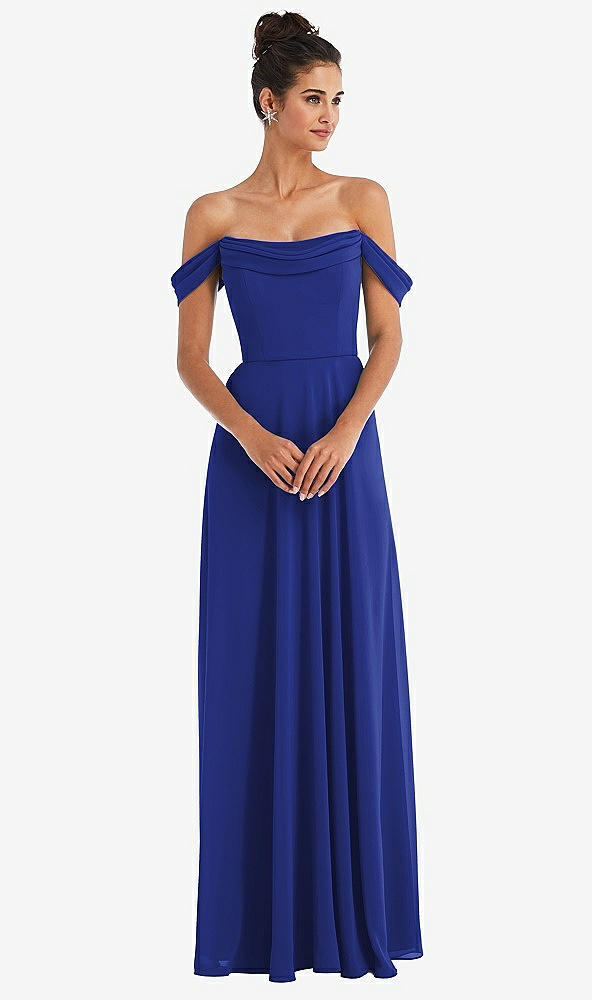 Front View - Cobalt Blue Off-the-Shoulder Draped Neckline Maxi Dress