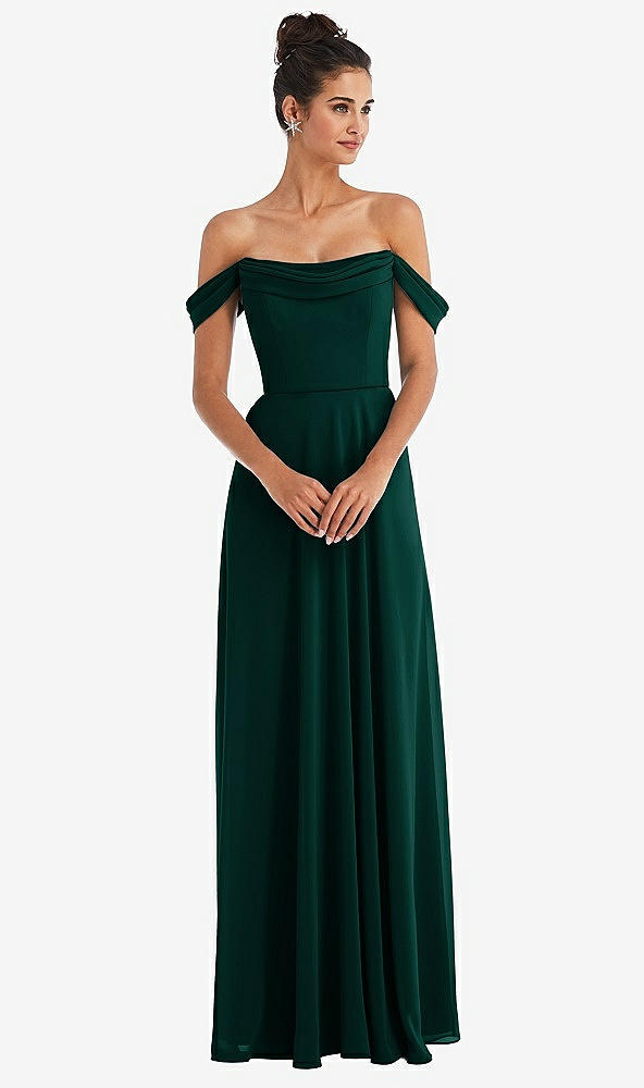 Front View - Evergreen Off-the-Shoulder Draped Neckline Maxi Dress