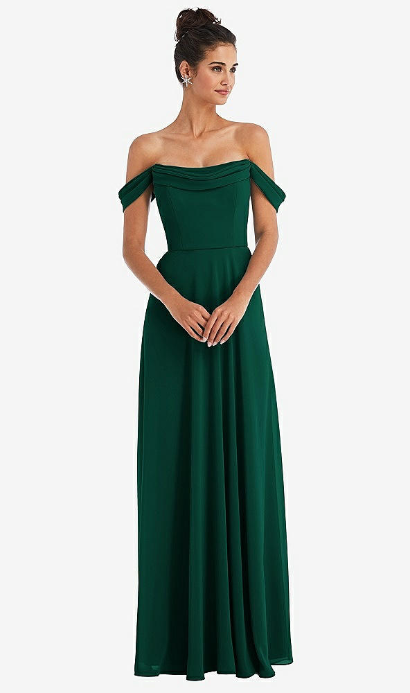 Front View - Hunter Green Off-the-Shoulder Draped Neckline Maxi Dress