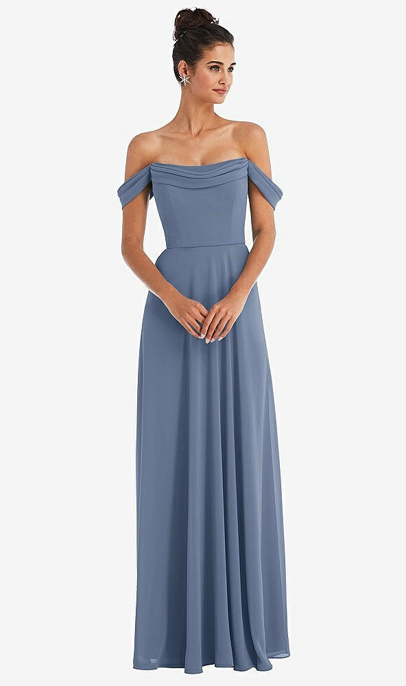 Front View - Larkspur Blue Off-the-Shoulder Draped Neckline Maxi Dress