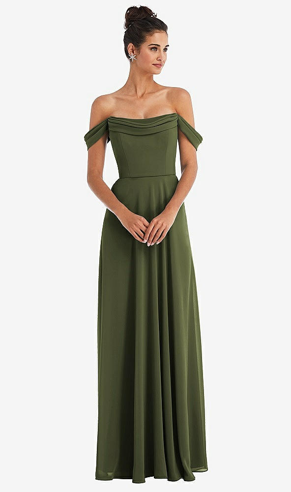 Front View - Olive Green Off-the-Shoulder Draped Neckline Maxi Dress