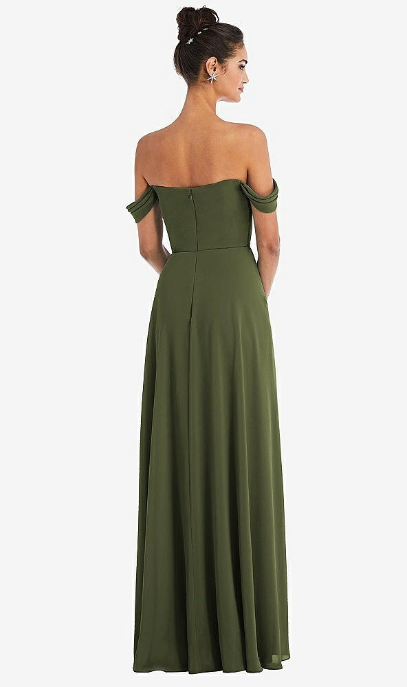 Back View - Olive Green Off-the-Shoulder Draped Neckline Maxi Dress