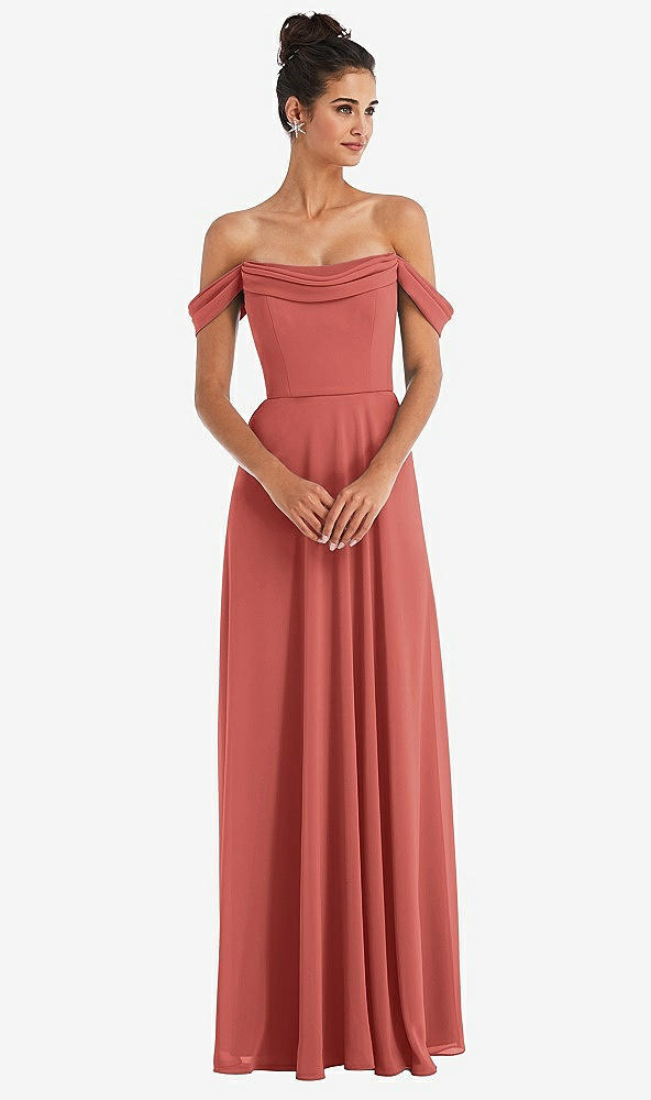 Front View - Coral Pink Off-the-Shoulder Draped Neckline Maxi Dress