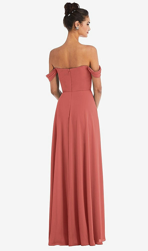 Back View - Coral Pink Off-the-Shoulder Draped Neckline Maxi Dress