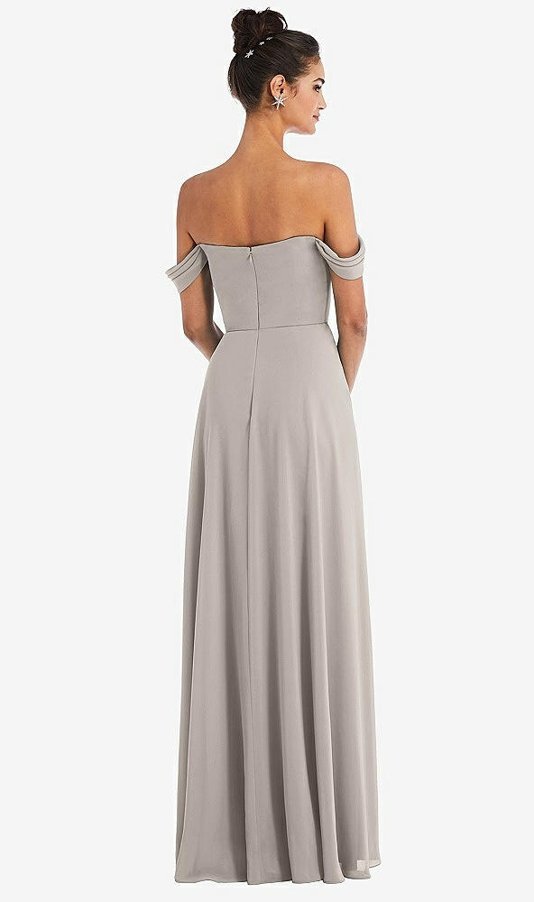 Back View - Taupe Off-the-Shoulder Draped Neckline Maxi Dress