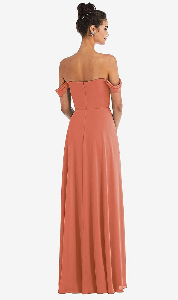Back View - Terracotta Copper Off-the-Shoulder Draped Neckline Maxi Dress