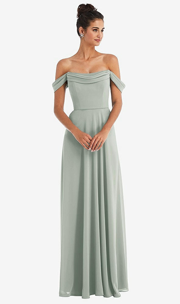 Front View - Willow Green Off-the-Shoulder Draped Neckline Maxi Dress