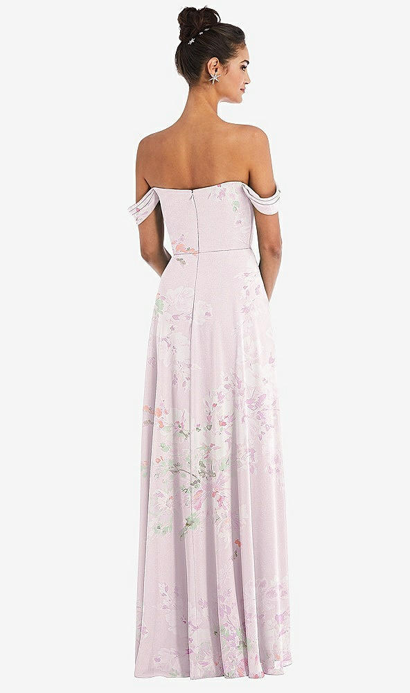 Back View - Watercolor Print Off-the-Shoulder Draped Neckline Maxi Dress