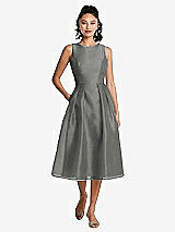 Front View Thumbnail - Charcoal Gray Bateau Neck Open-Back Pleated Skirt Midi Dress