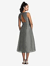 Rear View Thumbnail - Charcoal Gray Bateau Neck Open-Back Pleated Skirt Midi Dress