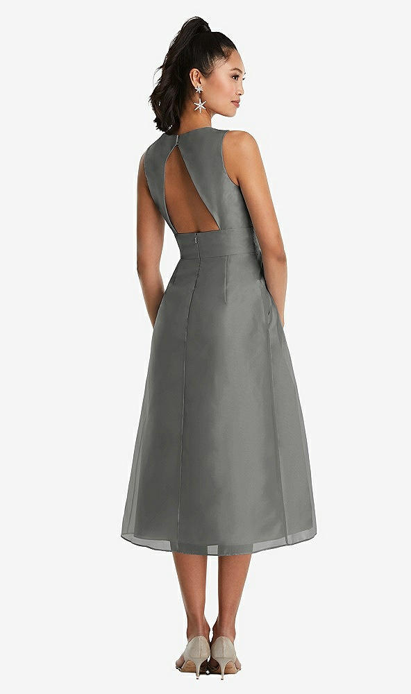 Back View - Charcoal Gray Bateau Neck Open-Back Pleated Skirt Midi Dress