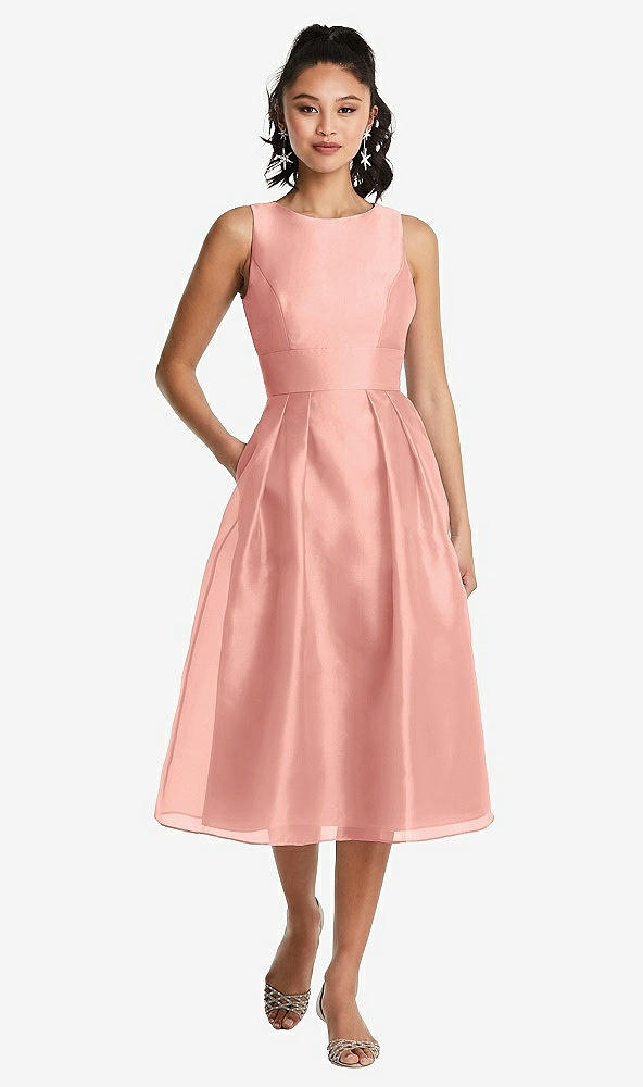 Front View - Apricot Bateau Neck Open-Back Pleated Skirt Midi Dress
