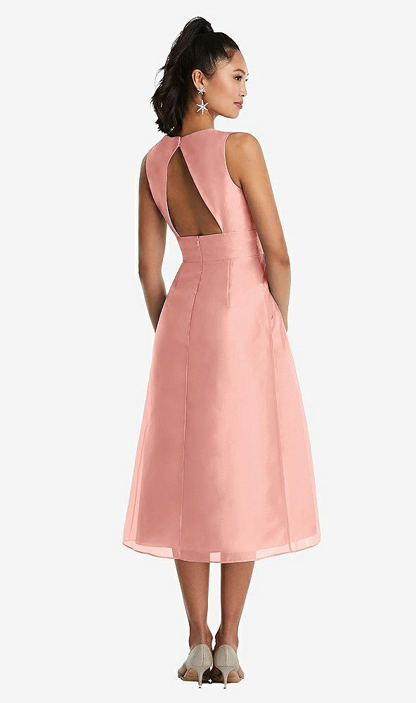 Back View - Apricot Bateau Neck Open-Back Pleated Skirt Midi Dress