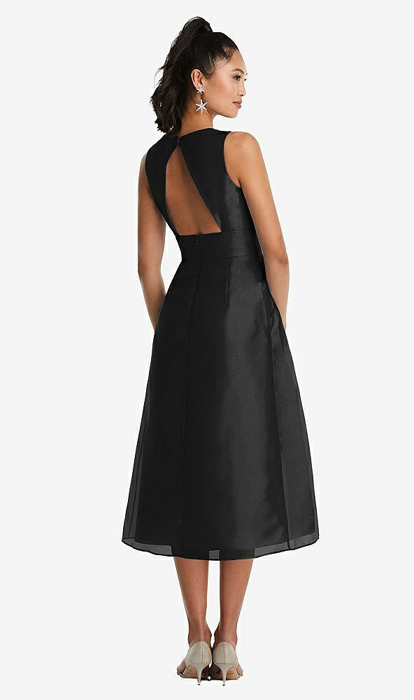 Back View - Black Bateau Neck Open-Back Pleated Skirt Midi Dress