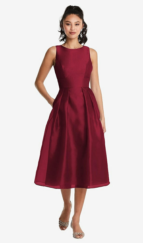 Front View - Burgundy Bateau Neck Open-Back Pleated Skirt Midi Dress