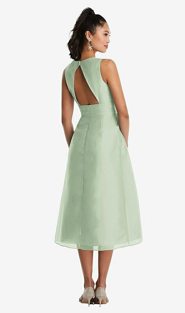 Back View - Celadon Bateau Neck Open-Back Pleated Skirt Midi Dress