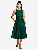 Front View Thumbnail - Hunter Green Bateau Neck Open-Back Pleated Skirt Midi Dress