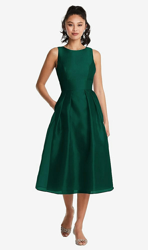 Front View - Hunter Green Bateau Neck Open-Back Pleated Skirt Midi Dress