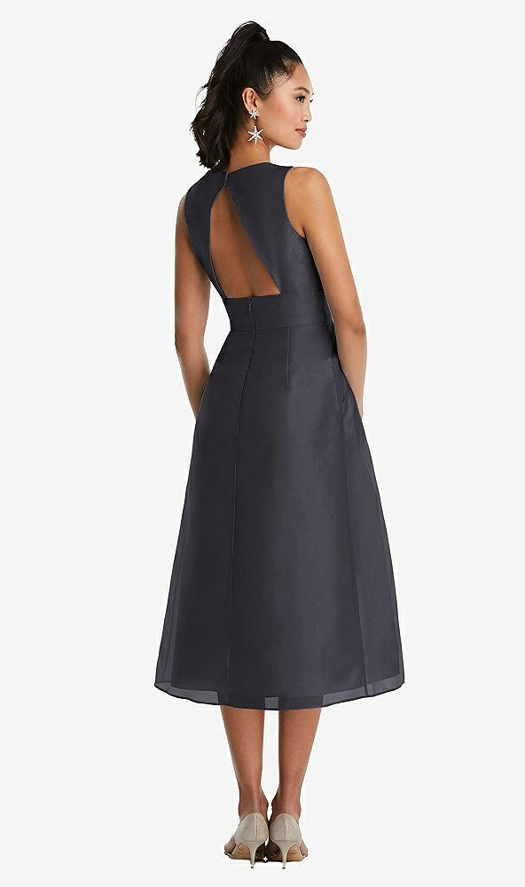Back View - Onyx Bateau Neck Open-Back Pleated Skirt Midi Dress